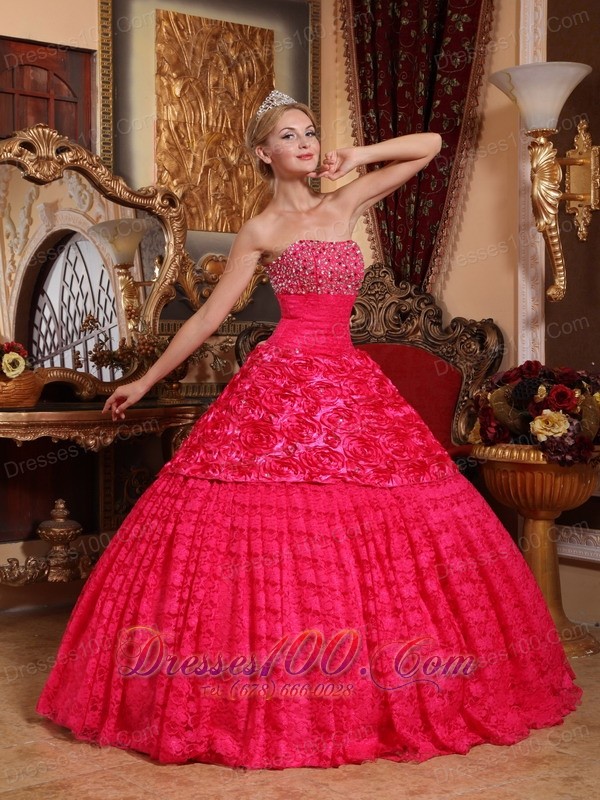 Red Quinceanera Dress Strapless Roling Flowers Beading