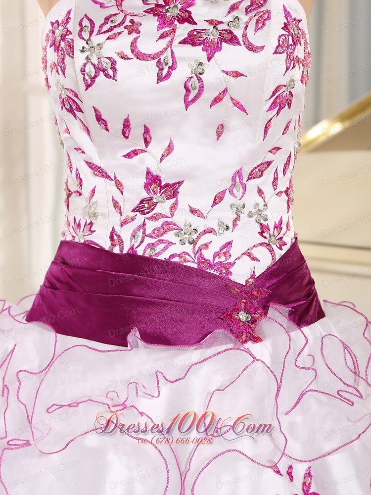 White Organza Strapless Quinceanera Dress With Embroidery