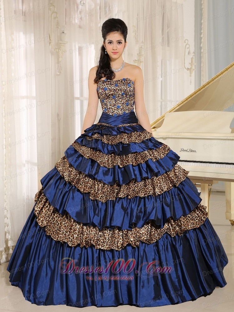 Leopard Ruffled Layers Appliques Beaded Quinceanera Dress
