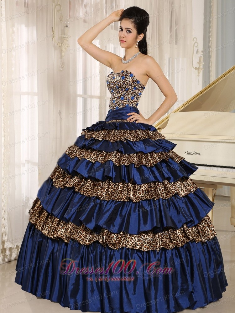 Leopard Ruffled Layers Appliques Beaded Quinceanera Dress
