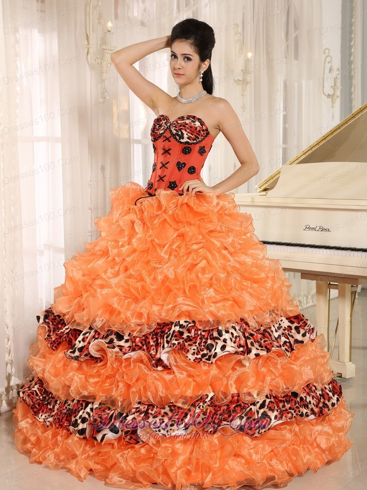 Orange Ruffles Appliques Sweetheart Quinceanera Dress Leopard
