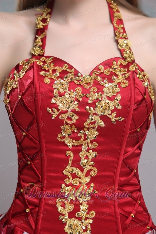 Inexpensive Wine Red Quinceanera Dress Halter Organza Applqiues