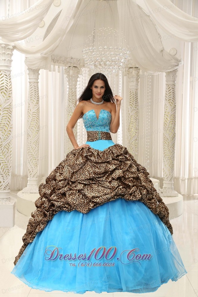 Unique Zebra Print Beading Blue Quinceanera Gowns Dresses
