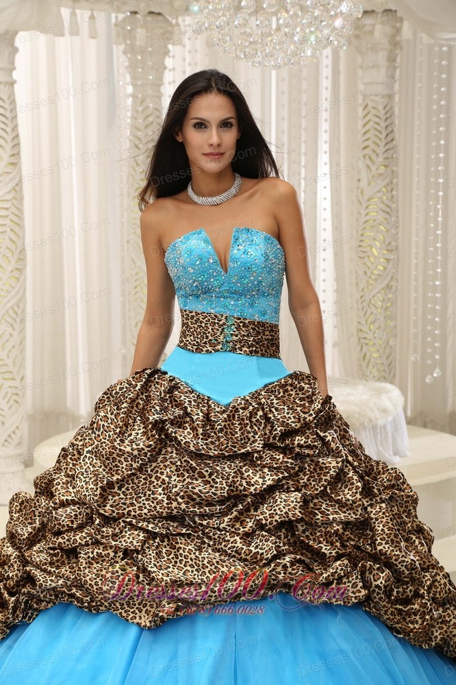 Unique Zebra Print Beading Blue Quinceanera Gowns Dresses