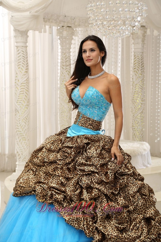 Unique Zebra Print Beading Blue Quinceanera Gowns Dresses