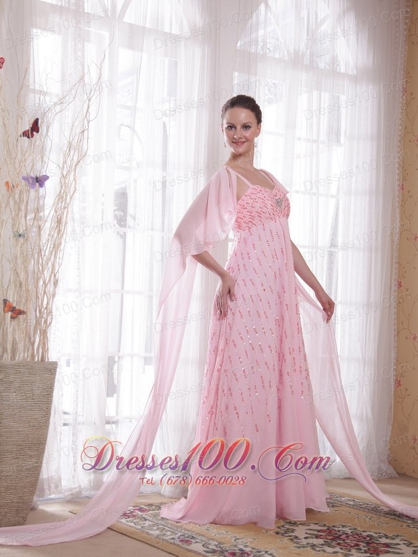 Watteau Train Pink Chiffon Sequined Prom Evening Dress