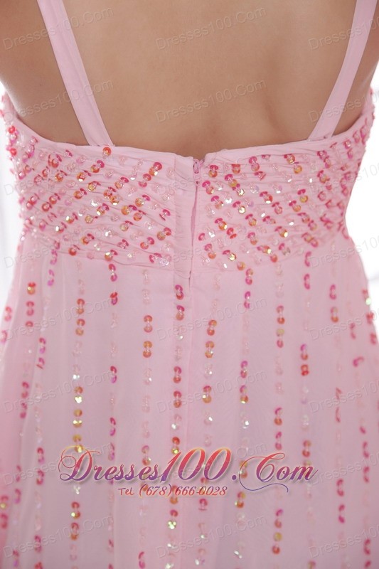 Watteau Train Pink Chiffon Sequined Prom Evening Dress