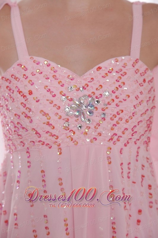 Watteau Train Pink Chiffon Sequined Prom Evening Dress
