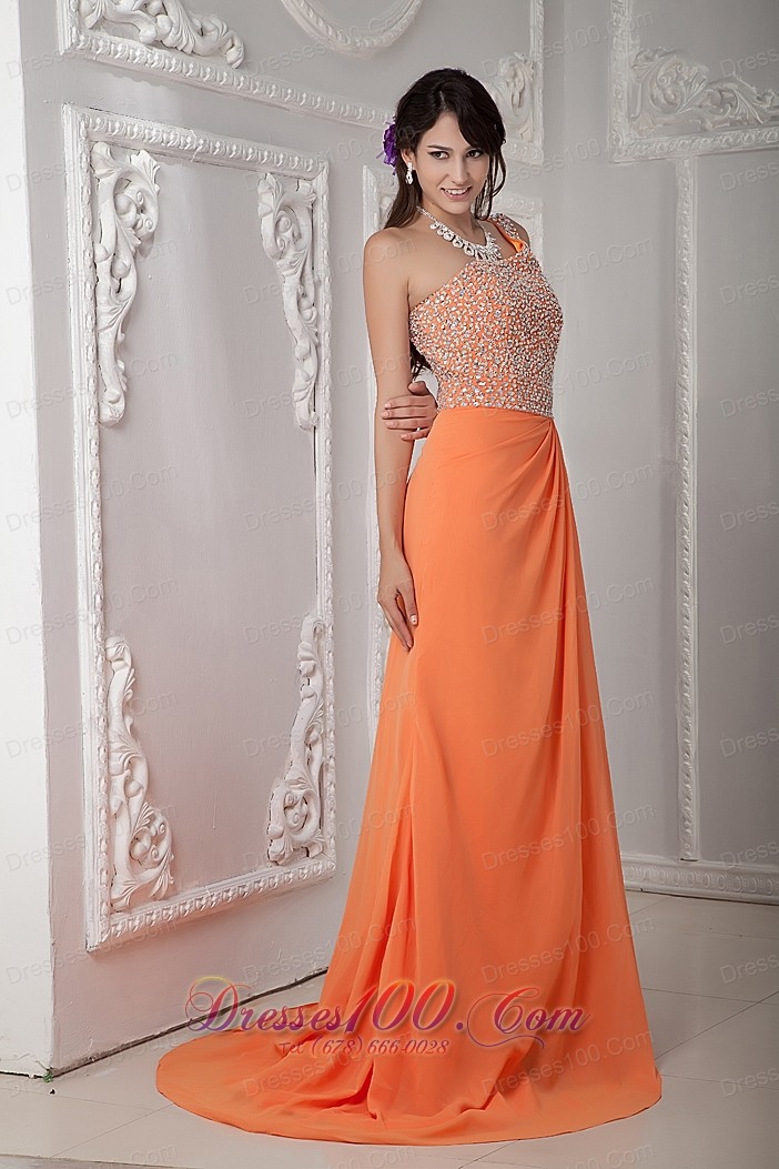 One Shoulder Brush Orange Dress for Prom