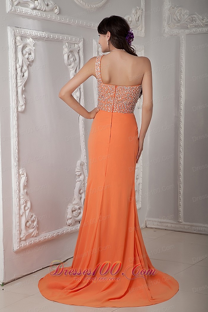 One Shoulder Brush Orange Dress for Prom