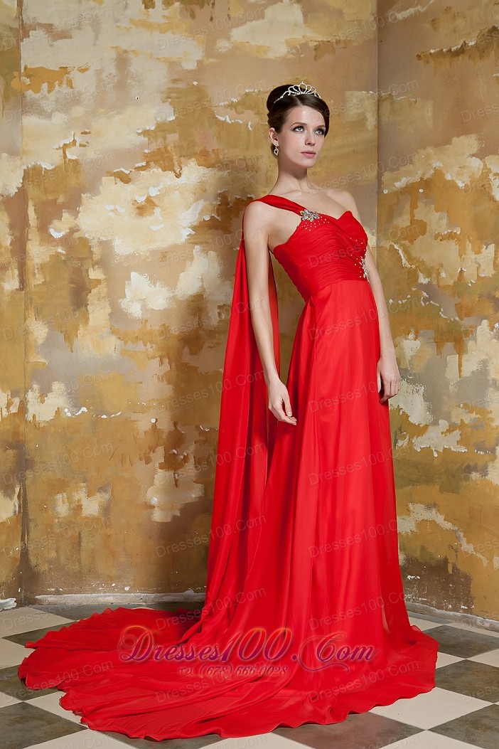 Red Empire One Shoulder Prom Dress Beading Watteau