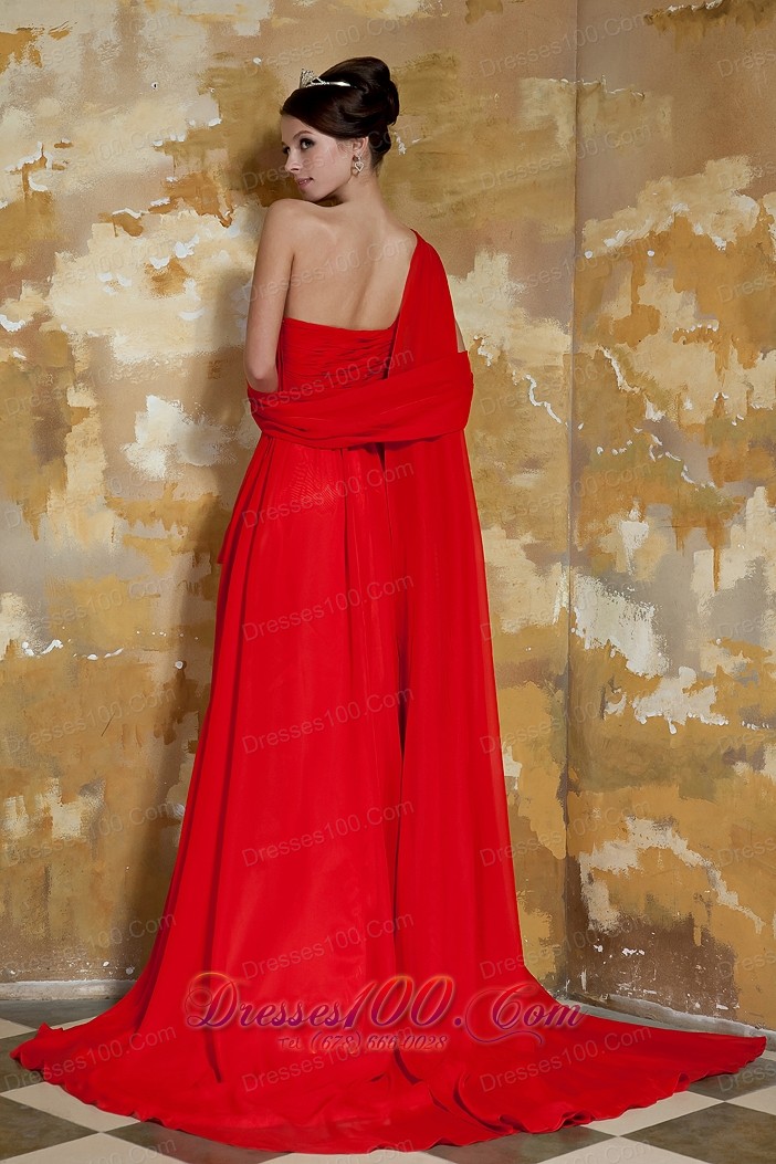 Red Empire One Shoulder Prom Dress Beading Watteau