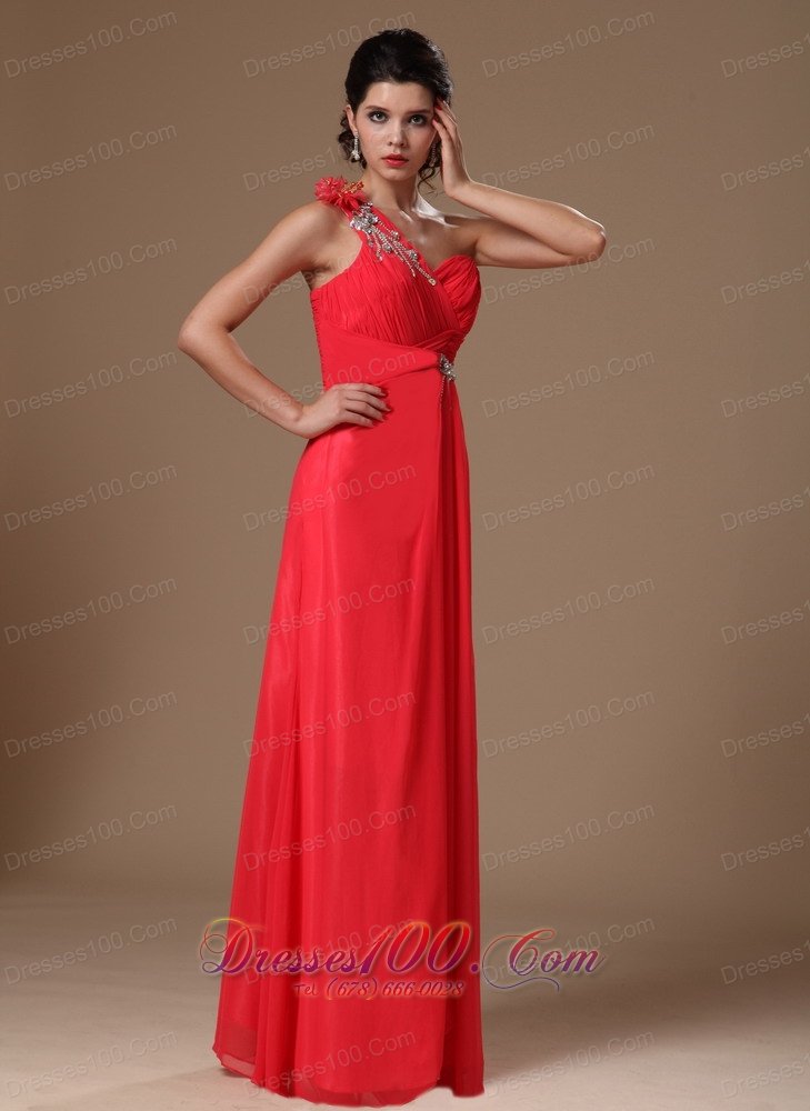 Beaded One Shoulder Coral Red Empire Prom Dress