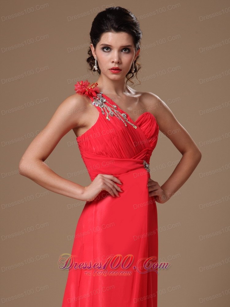 Beaded One Shoulder Coral Red Empire Prom Dress