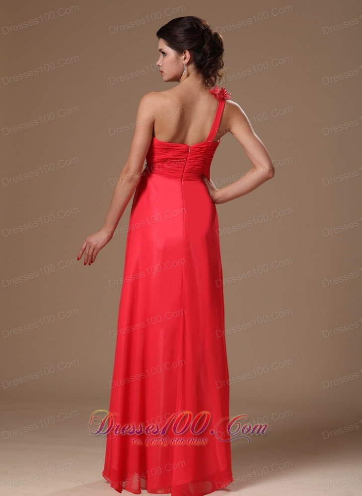 Beaded One Shoulder Coral Red Empire Prom Dress