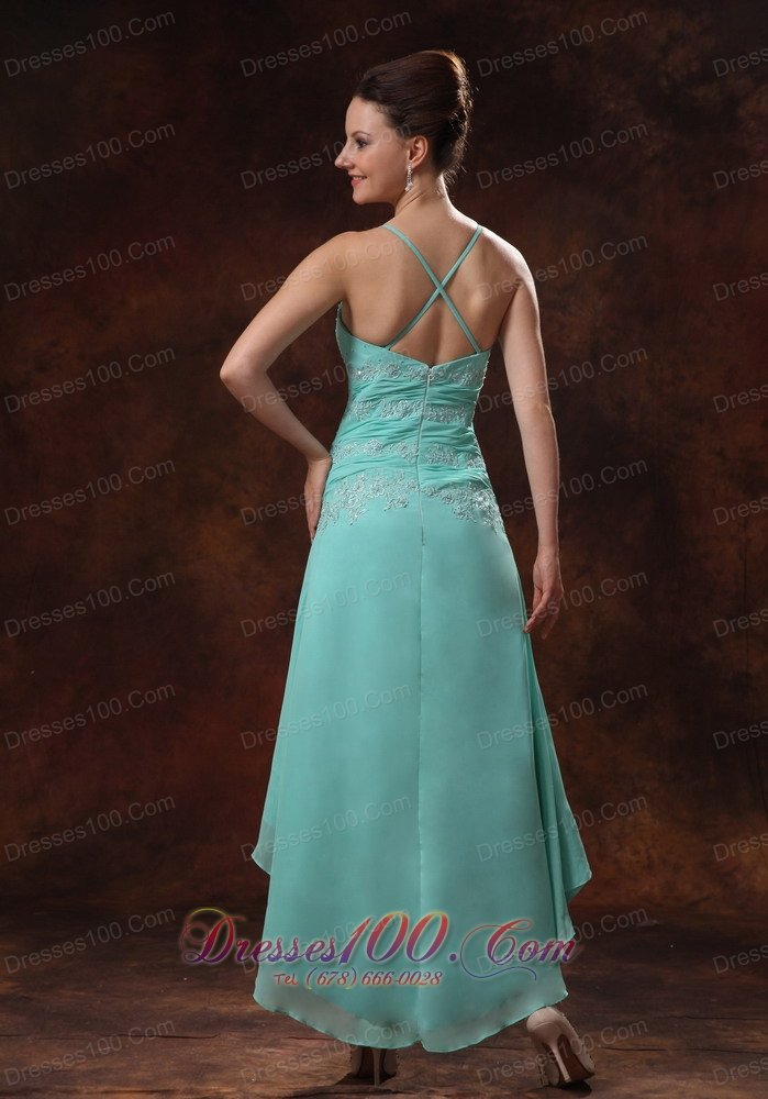 High-low Appliques Turquoise Spaghetti Straps Prom Dress