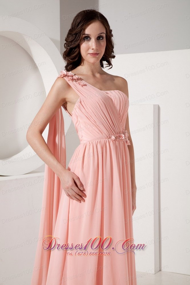 Appliques Watteau Baby Pink One Shoulder Evening Dress