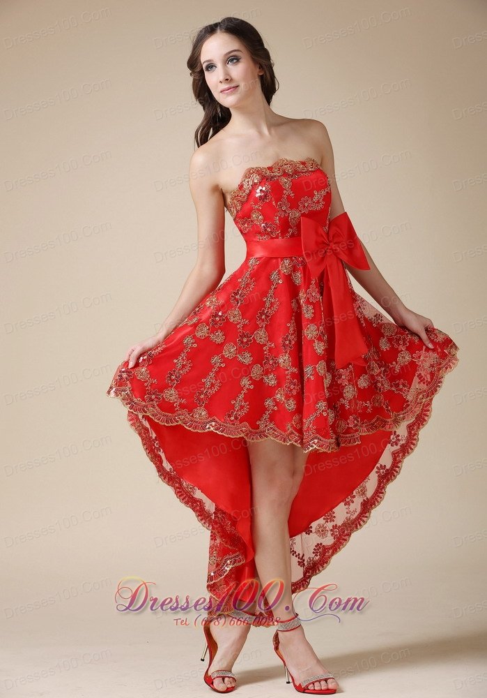 Lace Overlay High-low Red Cocktail Dress with Bowknot
