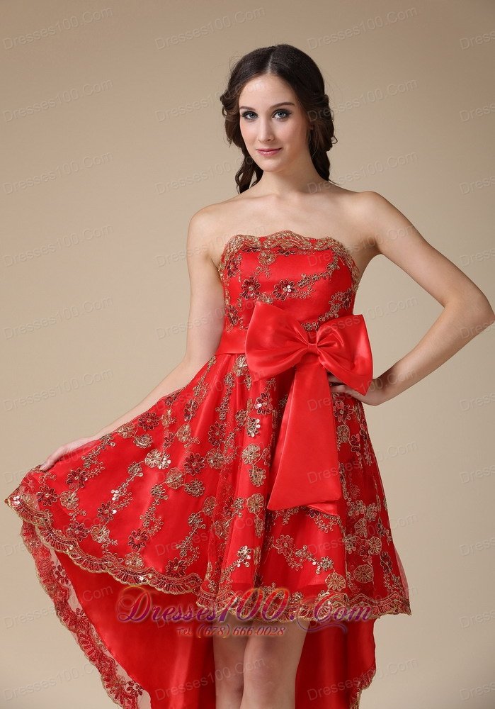 Lace Overlay High-low Red Cocktail Dress with Bowknot