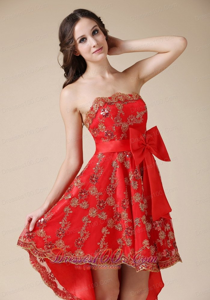 Lace Overlay High-low Red Cocktail Dress with Bowknot