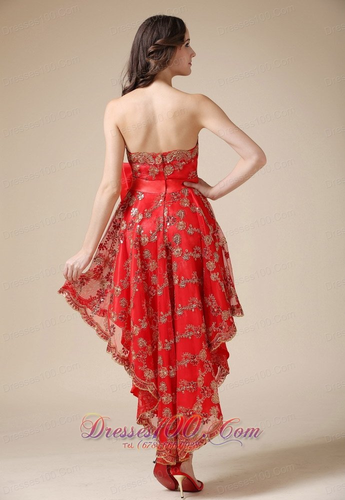 Lace Overlay High-low Red Cocktail Dress with Bowknot