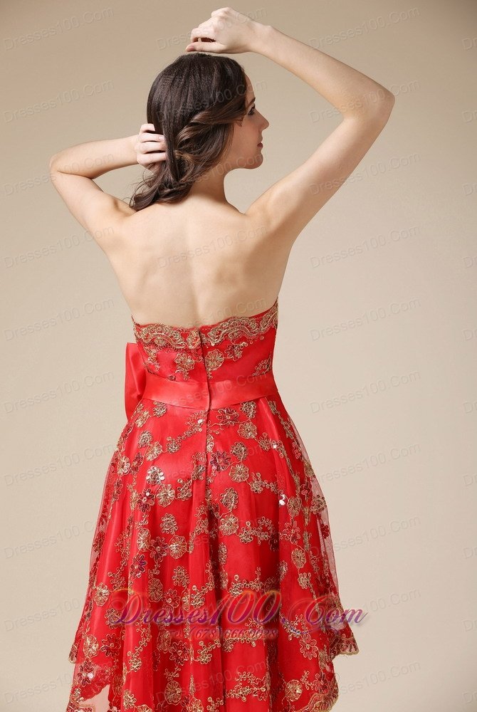 Lace Overlay High-low Red Cocktail Dress with Bowknot
