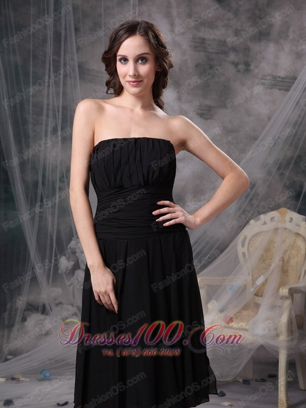Soft Strapless Little Black Dress Tea-length Chiffon Ruch