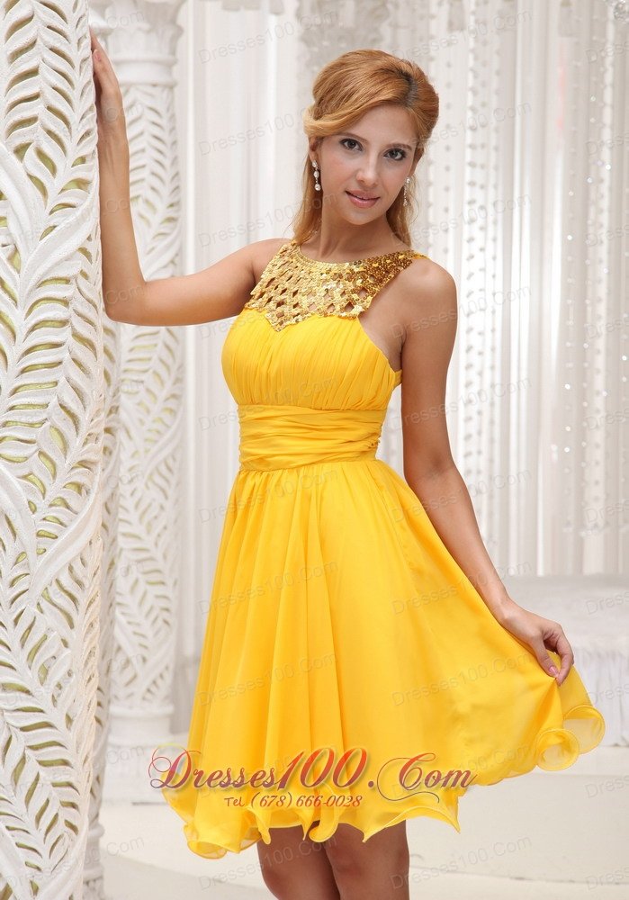 Fashionable Prom Dresses, Gold And Yellow Short Cocktail Dress Ruched ...