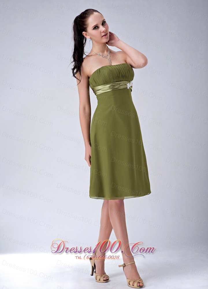 Olive Green Empire Ruched Bridesmaid Dress Knee-length