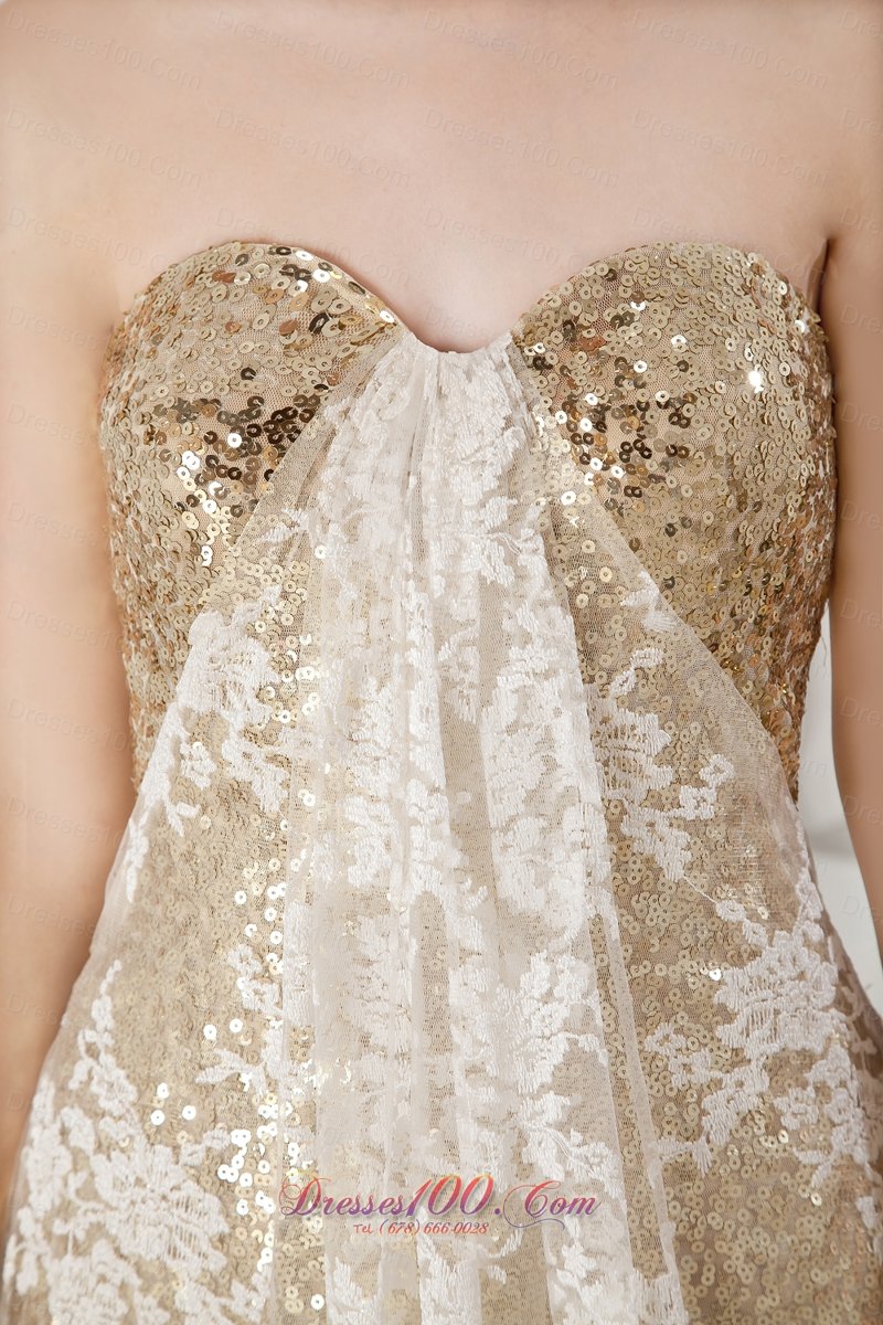 Gold Sequins and White Lace Champagne Prom Celebrity Dress