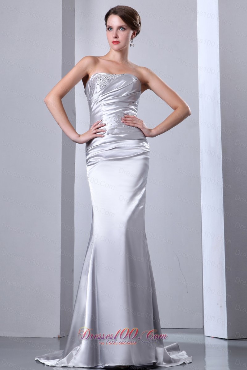 Silver Beading Evening Prom Dress Ruched Strapless