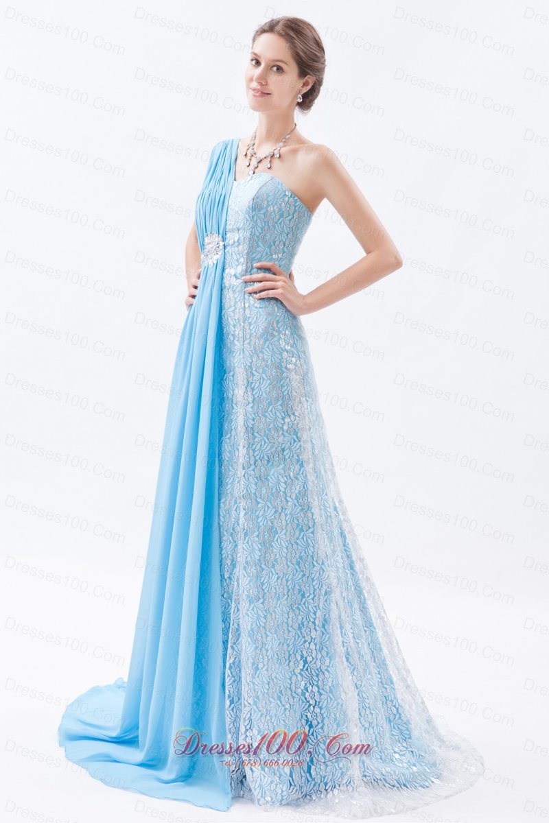 One Shoulder Baby Blue Lace Prom Evening Dress Beaded