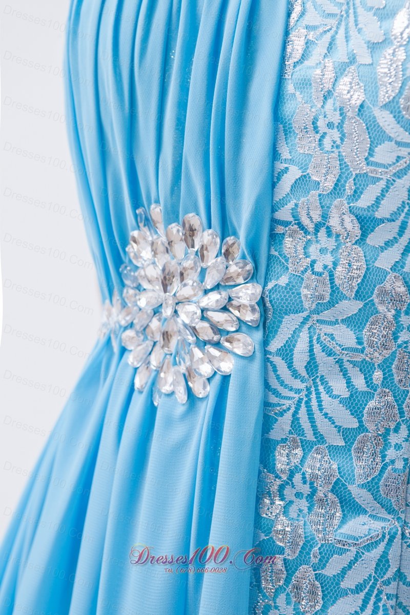 One Shoulder Baby Blue Lace Prom Evening Dress Beaded