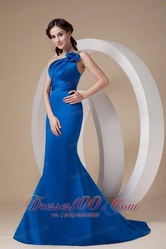 Royal Blue One Shoulder Prom Dress Hand Made Flower