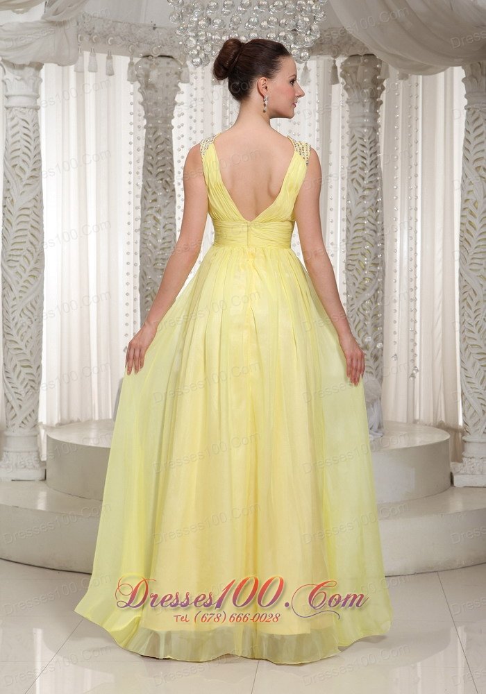 V-neck Light Yellow Chiffon Prom Homecoming Dress