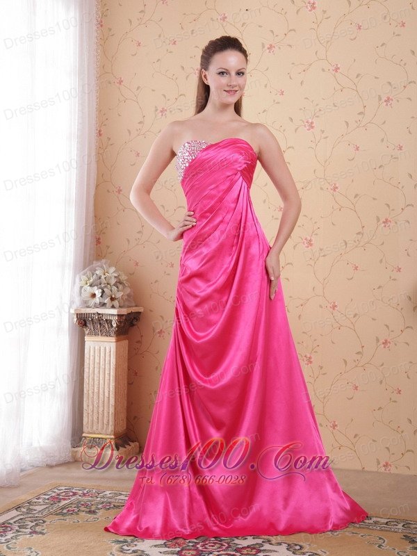 Beaded Ruch Hot Pink Prom Celebrity Dress Train