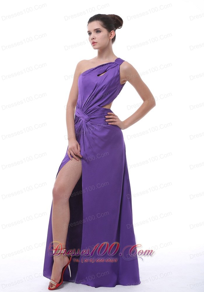 Ruched Shoulder High Slit Purple Prom Evening Dress