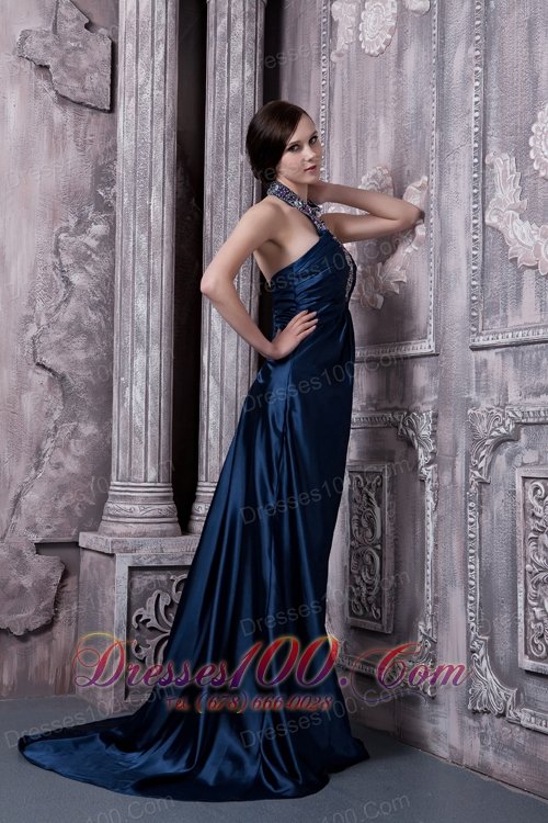 Navy Blue Prom Evening Dress Column Halter Elastic Woven