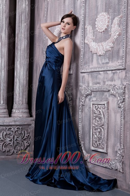 Navy Blue Prom Evening Dress Column Halter Elastic Woven