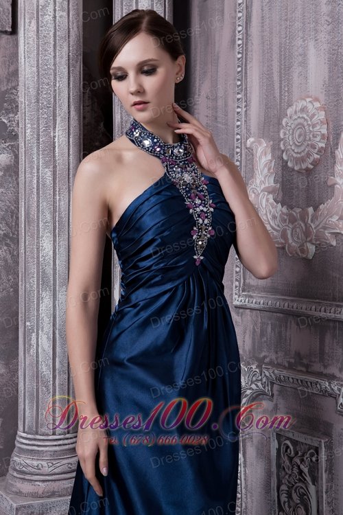 Navy Blue Prom Evening Dress Column Halter Elastic Woven