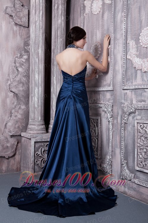 Navy Blue Prom Evening Dress Column Halter Elastic Woven