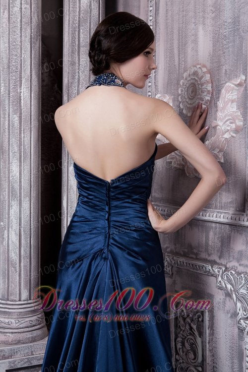 Navy Blue Prom Evening Dress Column Halter Elastic Woven