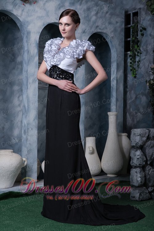 White Black Column Evening Dress V-neck Chiffon Beading