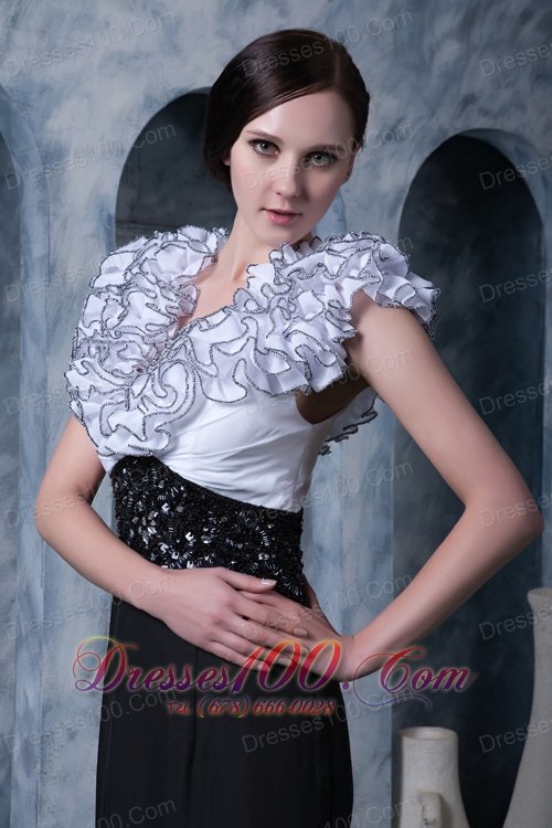 White Black Column Evening Dress V-neck Chiffon Beading
