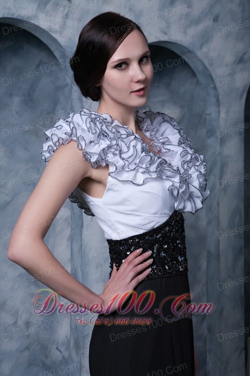 White Black Column Evening Dress V-neck Chiffon Beading