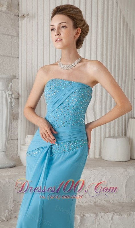 Aqua Blue Brush Train Chiffon Beading New Arrival