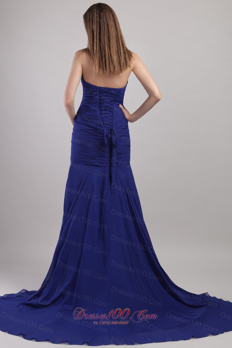 Blue Chape Train Appliques Prom Dress New Arrival