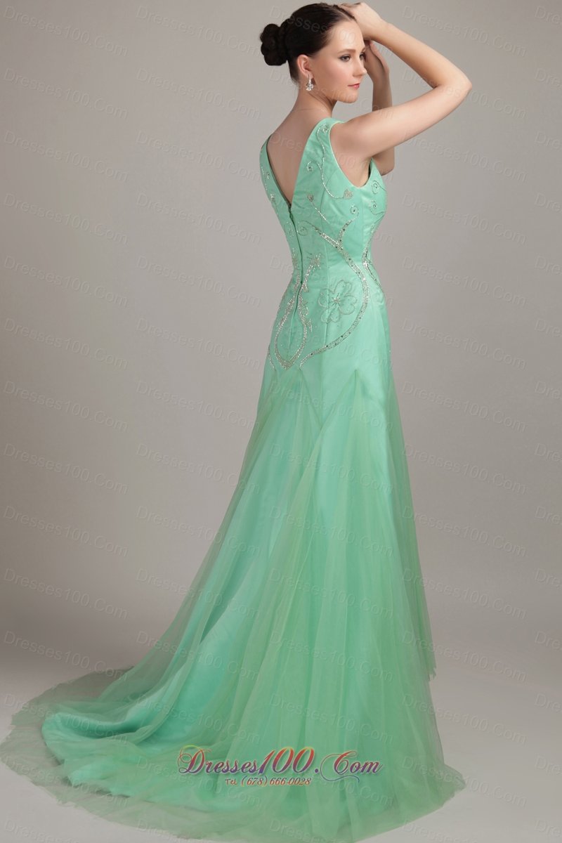 Apple Green Empire Sweep Train Beaidng Prom Dress