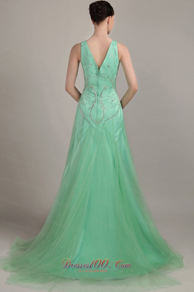 Apple Green Empire Sweep Train Beaidng Prom Dress