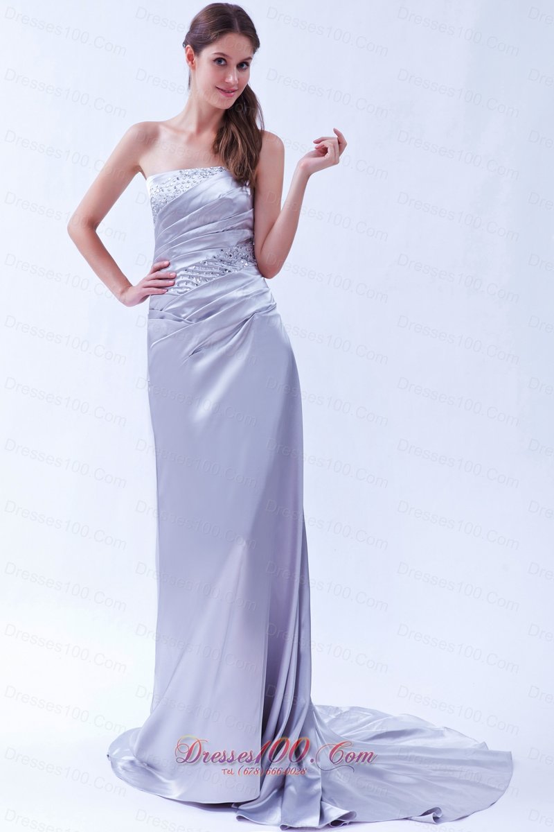 Silver Column Elastic Beading Prom Dress Brush Train